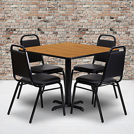 Flash Furniture Square Table With 4 Trapezoidal-Back Banquet Chairs, 30" x 36", Natural/Black