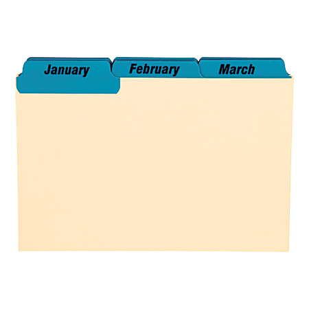 Oxford® Manila Card Guides With Laminate Tabs, Monthly, 4" x 6", Manila; Blue Tabs