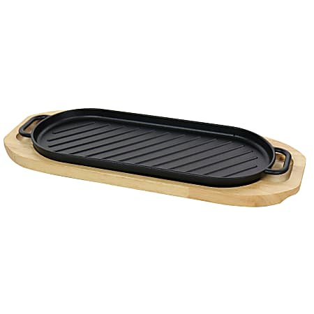 Gibson Home 2-Piece Calvary Cast Iron Non-Stick Grill Pan With Wooden Base, Black