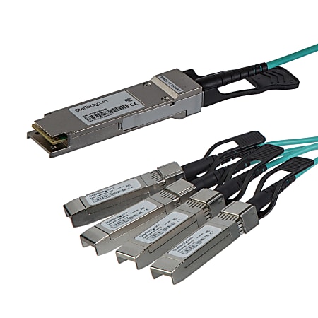 StarTech.com Cisco QSFP-4X10G-AOC5M Compatible QSFP+ Active Optical Breakout Cable -5 m (16.4 ft) - 40 Gbps to 4 x 10Gbps - AOC Fiber Breakout Cable - 16.40 ft Fiber Optic - First End: 1 x QSFP+ Male Network - Second End: 4 x SFP+ Male Network - Black