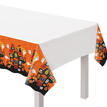 Amscan Spooky Friends Table Covers, 54" x 84", White/Orange/Black, 3 Covers Per Pack, Set Of 2 Packs
