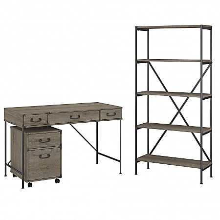 kathy ireland® Home by Bush Furniture Ironworks 48"W Writing Desk With Mobile File Cabinet And 5-Shelf Bookcase, Restored Gray, Standard Delivery