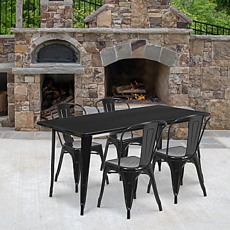 Flash Furniture Commercial-Grade Rectangular Metal Indoor-Outdoor Table Set With 4 Chairs, 29-1/2"H x 31-1/2"W x 63"D, Black