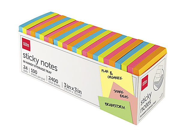 Office Depot® Brand Sticky Notes, With Storage Tray, 3" x 3", Assorted Neon Colors, 100 Sheets Per Pad, Pack Of 24 Pads