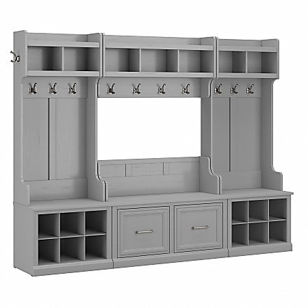 Bush Furniture Woodland Full Entryway Storage Set With Coat Rack And Shoe Bench With Doors, Cape Cod Gray, Standard Delivery