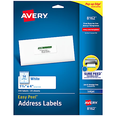 Avery® Easy Peel® Address Labels With Sure Feed® Technology, 8162, Rectangle, 1-1/3" x 4", White, Pack Of 350
