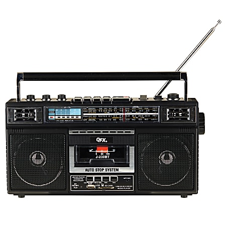 QFX Bluetooth Cassette Radio Boom Box with USB Recording and Built-in Microphone, 7-1/4”H x 4”W x 13-13/16”D, Black, J-230BT