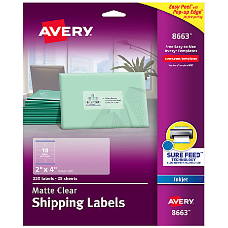 Avery® Matte Shipping Labels With Sure Feed® Technology, 8663, Rectangle, 2" x 4", Clear, Pack Of 250