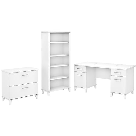 Bush Furniture 60"W Office Desk With Lateral File Cabinet And 5-Shelf Bookcase, White, Standard Delivery