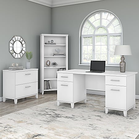 Bush 60 W Deskfilebookcase White, White Office Desk With File Cabinet