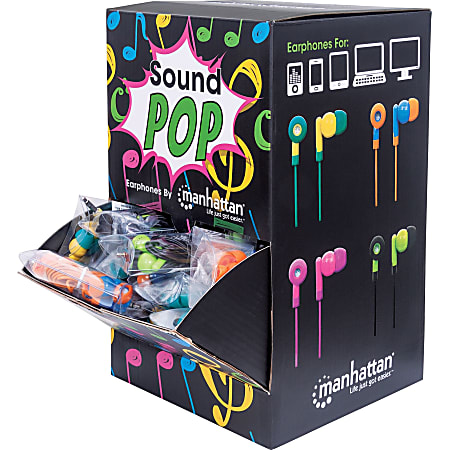 Manhattan SoundPOP Earphone Countertop Display/Dispenser - Stereo - Teal, Yellow, Blue, Orange, Pink, Fuschia, Black, Green - Wired - 32 Ohm - 20 Hz 20 kHz - Earbud - Binaural - In-ear - 3.28 ft Cable