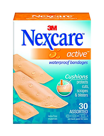 Nexcare Active Waterproof Bandages, 30 ct. Assorted - Assorted Sizes - 0.88" x 1.13", 1.06" x 3", 0.81" x 2.25" - 30/Box - 30 Per Box - Tan