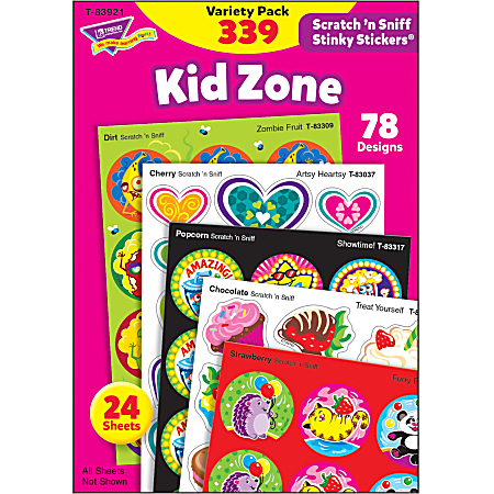 Trend Kid Zone Scratch 'n Sniff Stinky Stickers - (Furry Fun, Zombie Fruit, Bumper Blast, Artsy Heartsy, Hearty Fun, Party-palooza, Treat Yourself, Showtime!)