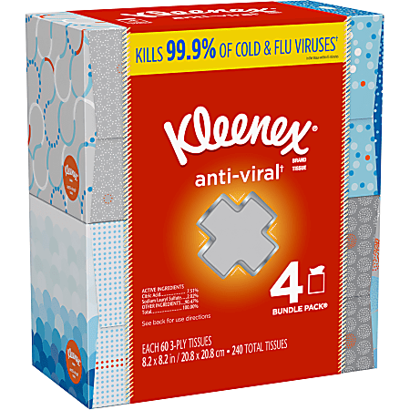 Kleenex® Anti-Viral 3-Ply Facial Tissues, White, 60 Tissues Per Box, Pack Of 4 Boxes