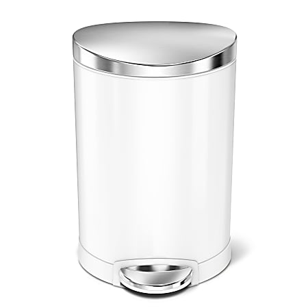 simplehuman Semi-Round Steel Step Trash Can, 1.6 Gallons, White With Stainless Steel Lid