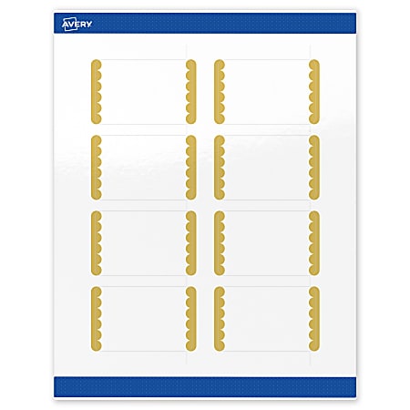 Avery® Print-To-The-Edge Labels & Sure Feed®, S00-DJY-PRWGP10, 2" x 3", Glossy White, Preprinted Gold Dots Edge Design, Pack Of 80