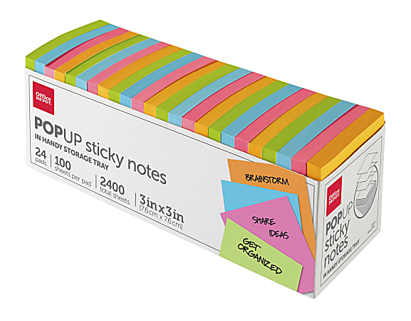 Office Depot® Brand Pop Up Sticky Notes, With Storage Tray, 3" x 3", Assorted Vivid Colors, 100 Sheets Per Pad, Pack Of 24 Pads