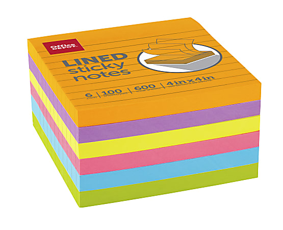 Office Depot® Brand Lined Sticky Notes, 4" x 4", Assorted Vivid Colors, 100 Sheets Per Pad, Pack Of 6 Pads