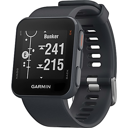 Garmin Approach S10 Golf Watch Odometer Calendar Scorecard Timer Clock Display Distance Traveled 64 MB GPS 2352 Hour Granite Blue Silicone Band Material Golf Water Resistant Office Depot