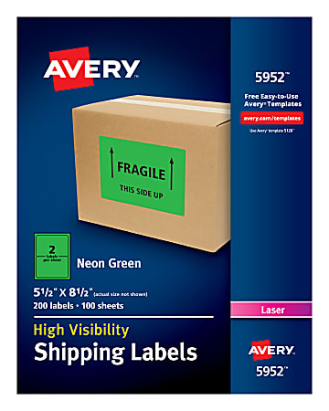 Avery® High-Visibility Permanent Shipping Labels, 5952, 5 1/2" x 8 1/2", Neon Green, Pack Of 200