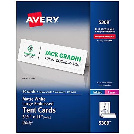 Avery® Printable Large Tent Cards, 3.5" x 11", White With Embossed Border, 50 Blank Place Cards