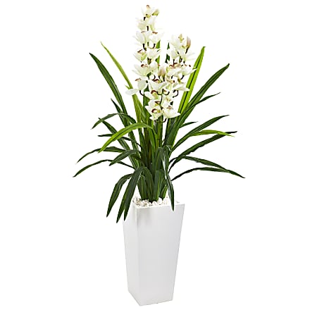 Nearly Natural Cymbidium Orchid 54”H Artificial Plant With Tower Planter, 54”H x 24”W x 24”D, Green/White