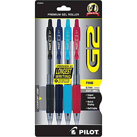 Pilot G2 Premium Gel Roller Pens, Fine Point, 0.7 mm, Clear Barrels, Assorted Ink Colors, Pack Of 4 Pens
