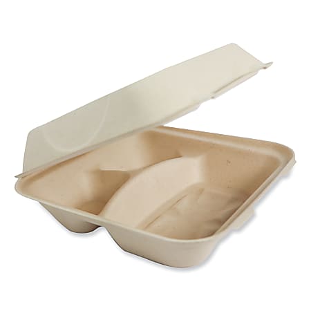 World Centric® Fiber Hinged Containers, 3-5/16”H x 9-5/16”W x 9”D, Natural, Pack Of 300 Containers