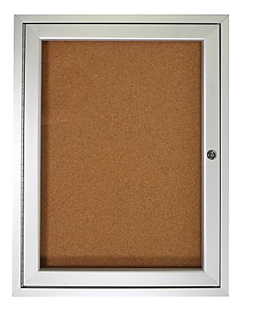 Ghent 1-Door Enclosed Cork Bulletin Board, 36" x 30", Natural, Satin Aluminum Frame