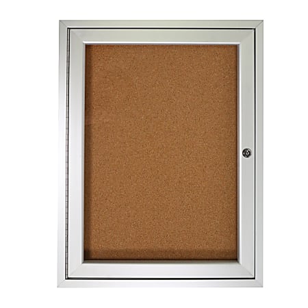 Ghent 1-Door Enclosed Cork Bulletin Board, 36" x 30", Natural, Satin Aluminum Frame