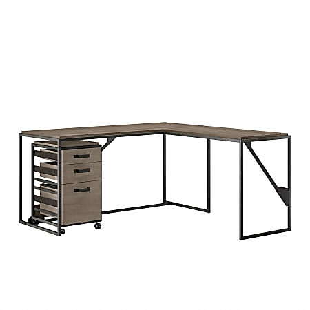 Bush Business Furniture Refinery 62"W L-Shaped Industrial Corner Desk With 3-Drawer Mobile File Cabinet, Restored Gray, Standard Delivery