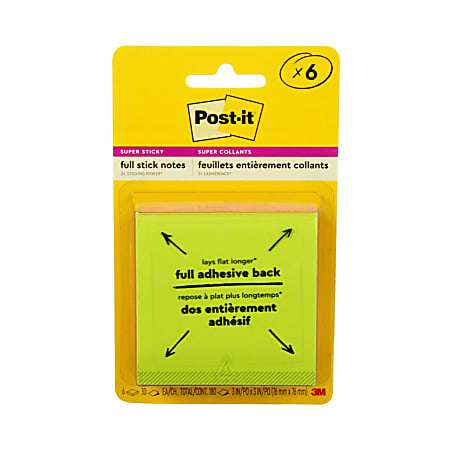 Post-it® Notes Super Sticky Full Adhesive Notes, 3" x 3", Energy Boost Colors, 30 Sheets Per Pad, Pack Of 6 Pads