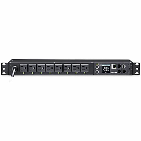 CyberPower PDU41001 Single Phase 100 - 120 VAC 15A Switched PDU - 8 Outlets, 12 ft, NEMA 5-15P, Horizontal, 1U, SNMP, LCD, 3YR Warranty