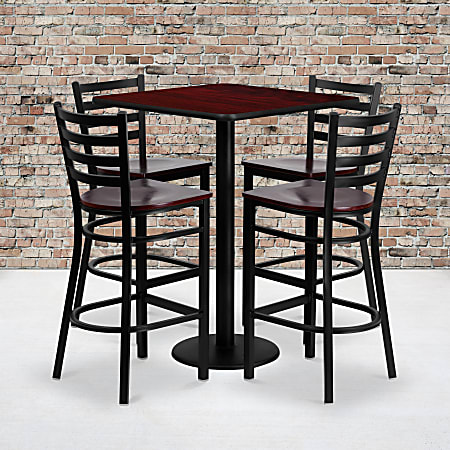 Flash Furniture Square Laminate Table Set With 4 Ladder-Back Metal Barstools, 42"H x 30"W x 30"D, Mahogany