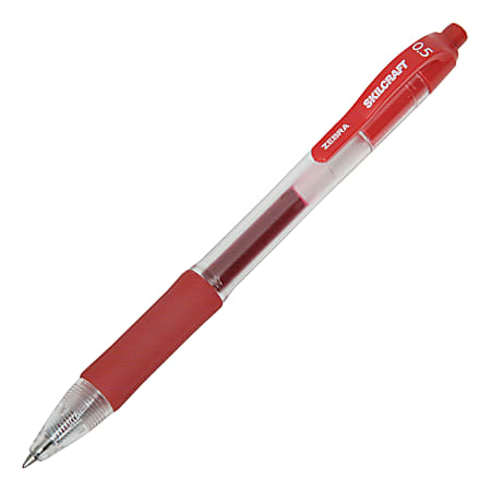 SKILCRAFT® Retractable Gel Pens, Fine Point, 0.5 mm, Clear/Red Barrel, Red Ink, Pack Of 12 Pens