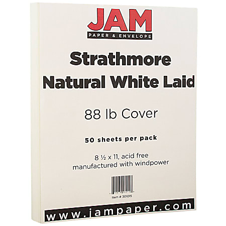 JAM Paper® Card Stock, Strathmore Natural White Laid, Letter (8.5" x 11"), 88 Lb, Pack Of 50