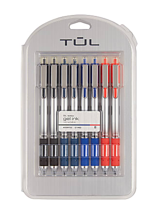 TUL® GL Series Retractable Gel Pens, Medium Point, 0.7 mm, Sliver Barrel, Assorted Standard Inks, Pack Of 8 Pens