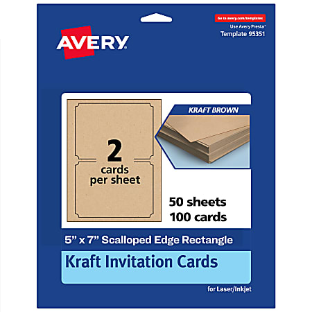 Avery® Printable Invitation Cards, 5" x 7" Rectangle Scalloped Edge, Kraft Brown, Pack Of 100