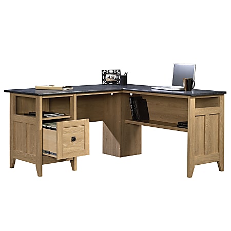 Sauder&reg; August Hill 60"W L-Shaped Corner Desk, Dover Oak/Rosso Slate