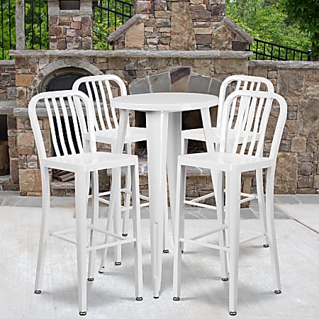 Flash Furniture Commercial Grade Round Metal Indoor-Outdoor Bar Table Set With 4 Vertical Slat Back Stools, 41"H x 24"W x 24"D, White