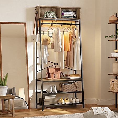 Bestier 14"W Hall Tree With LED Light, Curved Hook And Shoe Rack, Pinewood