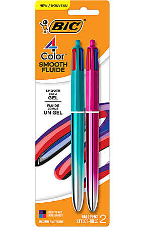 BIC 4 Color Smooth Retractable Ball Point Pen, Medium Point 1.0mm, Assorted Barrels, Assorted Ink, Pack of 2