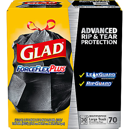 Glad® ForceFlexPlus™ Large Drawstring Trash Bags, 1.05 mil, 30 Gallon, Black, Box Of 70 Bags
