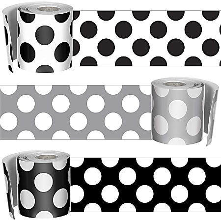 Carson Dellosa Education Schoolgirl Style Polka Dot Borders Set - White with Black Polka Dots, Gray with White Dots, Black with White Polka Dots - 3" Width x 36" Length - Multicolor - 4 / Set