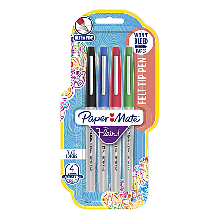 Paper Mate® Flair Felt-Tip Pens, Ultra-Fine Point, 0.4 mm, Assorted Colors, Pack Of 4 Pens
