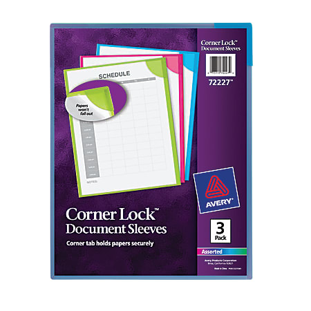 Avery® Corner Lock™ Document Sleeves, Holds Up To 20 Sheets, Assorted Colors, Pack Of 3