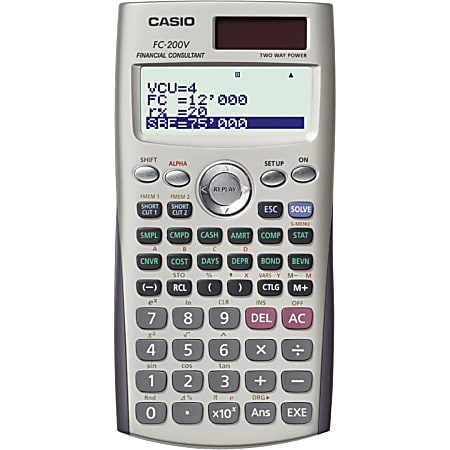 Casio FC200V Financial Calculator - Solar, Battery Powered, Slide-on Hard Case - 4 Line(s) - 12 Digits - Dot Matrix - Battery/Solar Powered - 3.2" x 6.3" x 0.4" - Silver - 1 Each