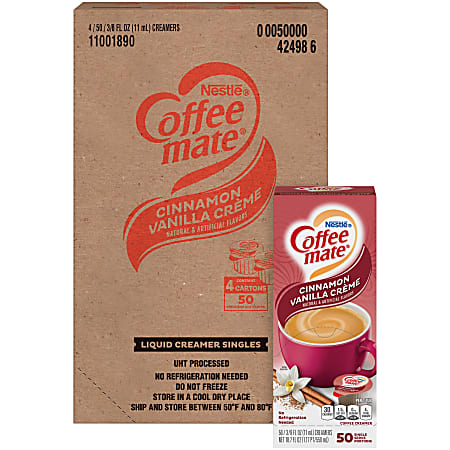 Coffee mate Cinnamon Vanilla Creme Gluten-Free Liquid Creamer - Single-Serve Tubs - Cinnamon Vanilla Creme Flavor - 0.38 fl oz (11 mL) - 4/Carton - 50 Per Box - 200 Serving