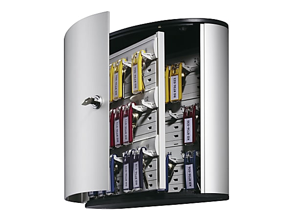 Durable 36-Key Locking Tag-Style Aluminum Key Tag Cabinet, 11" x 11 3/4" x 4 5/8", Silver