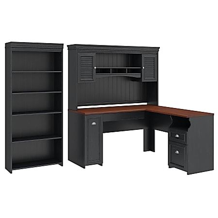 Bush Business Furniture Fairview 60"W L-Shaped Corner Desk With Hutch And 5-Shelf Bookcase, Antique Black, Standard Delivery